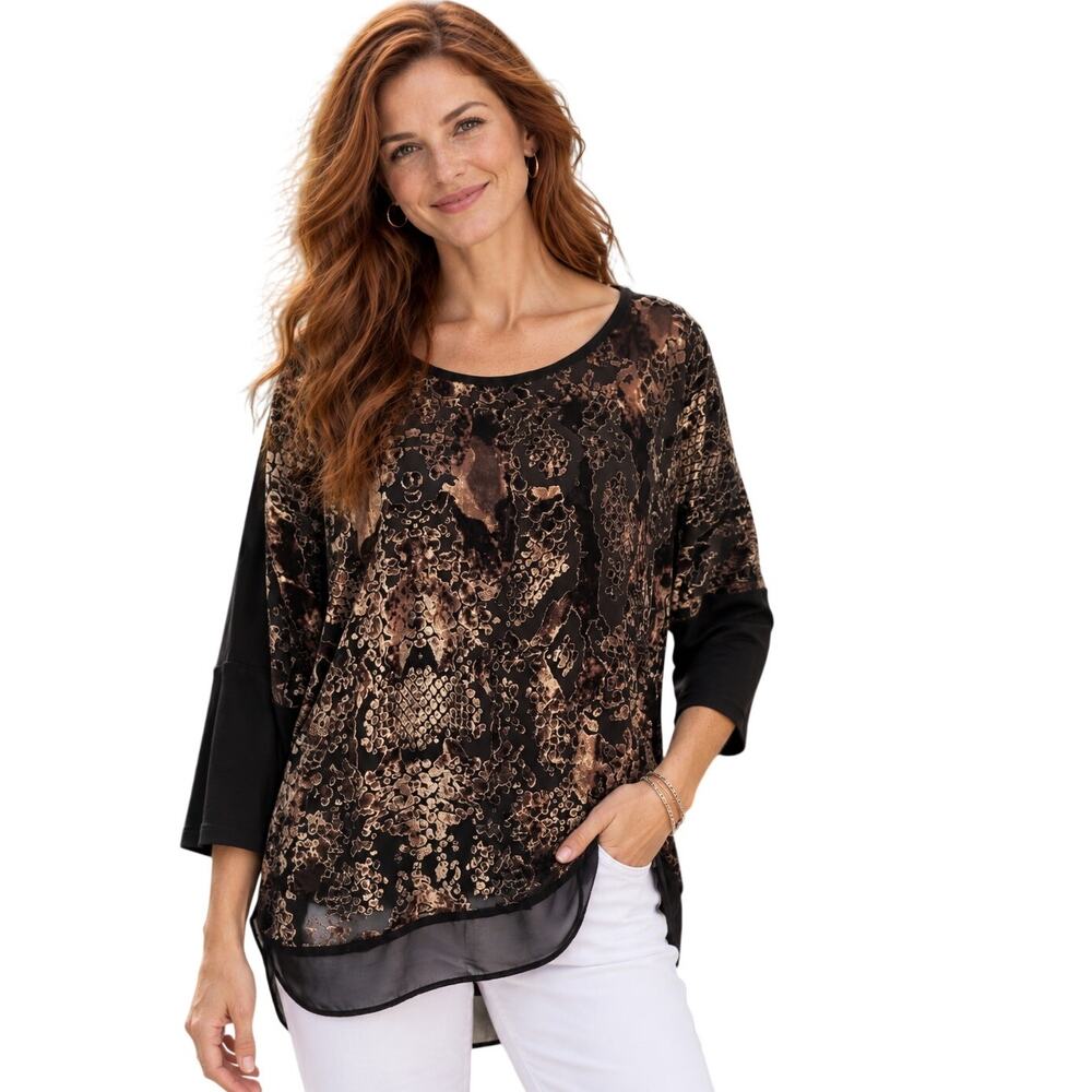 Chicos Velvet Black Snakeprint Tunic Sz 3 (Womens XL) Mixed Media Top Whimsigoth